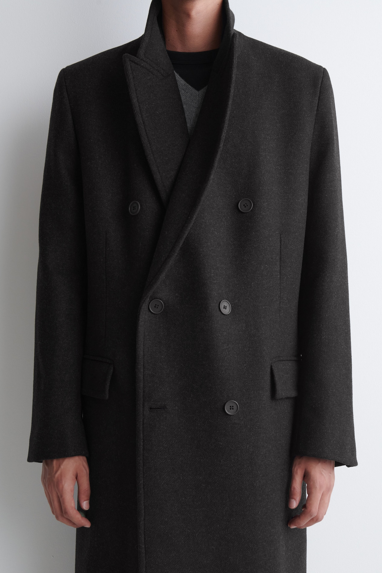 DOUBLE-BREASTED WOOL-BLEND LONG COAT — CHARCOAL MÉLANGE
