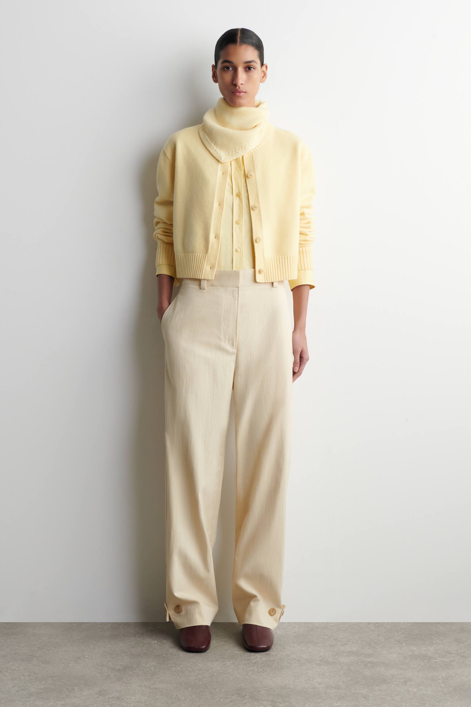 קרדיגן מצמר מרינו - צהוב חמאה/שחור/בז' מלאנג' - 5