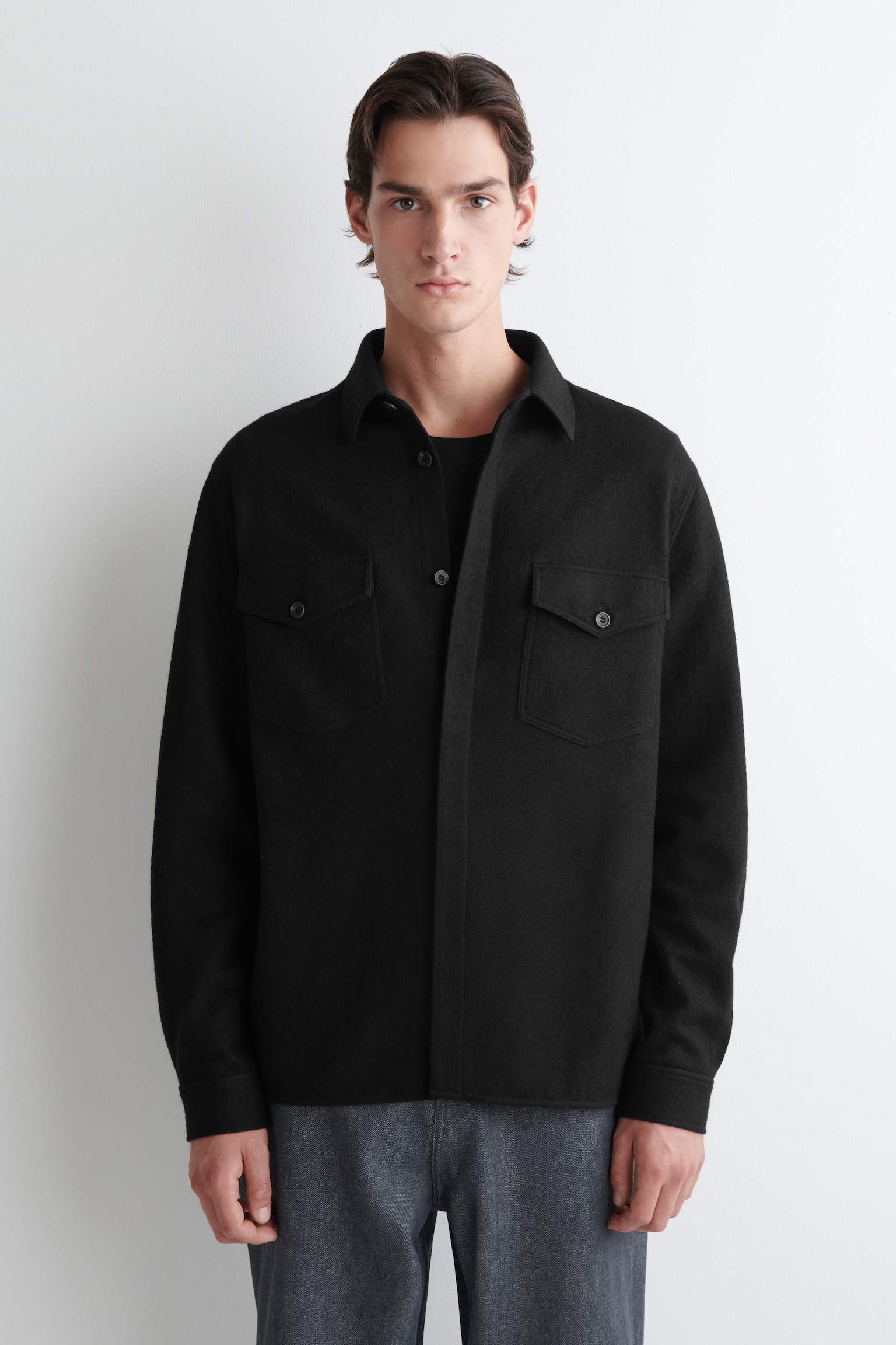 RELAXED BOILED-WOOL OVERSHIRT - BLACK/DARK KHAKI/DARK BROWN