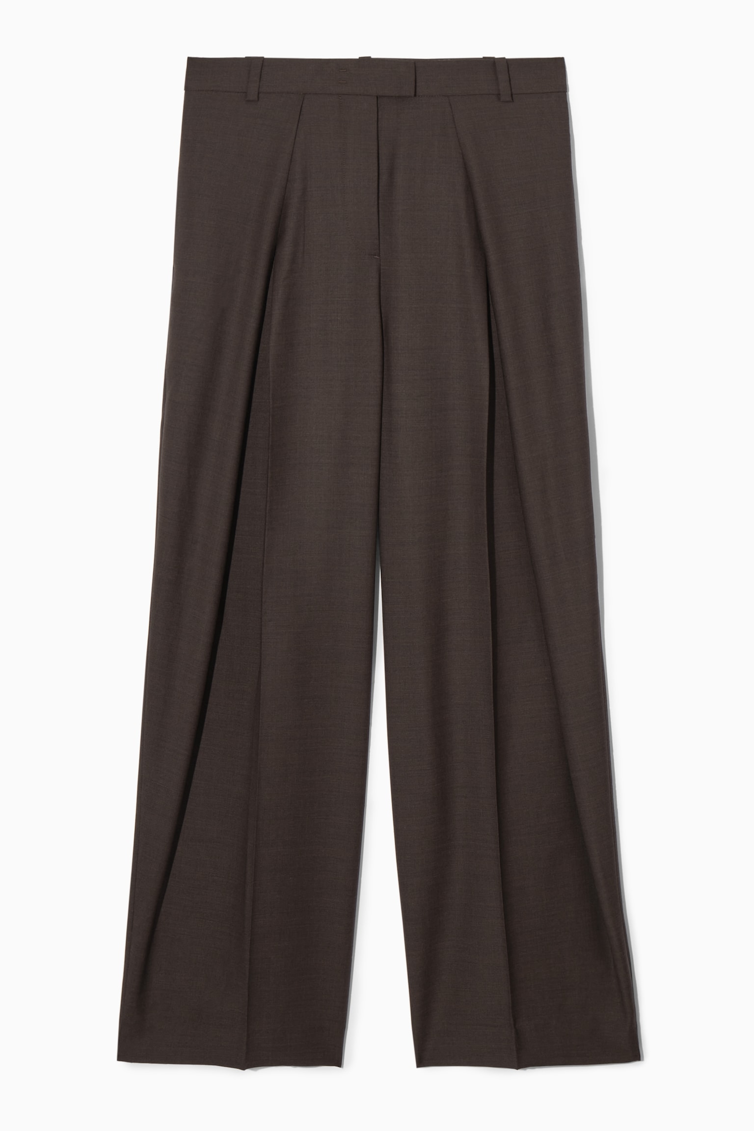 RELAXED PLEATED WOOL WIDE-LEG TROUSERS - DARK BROWN