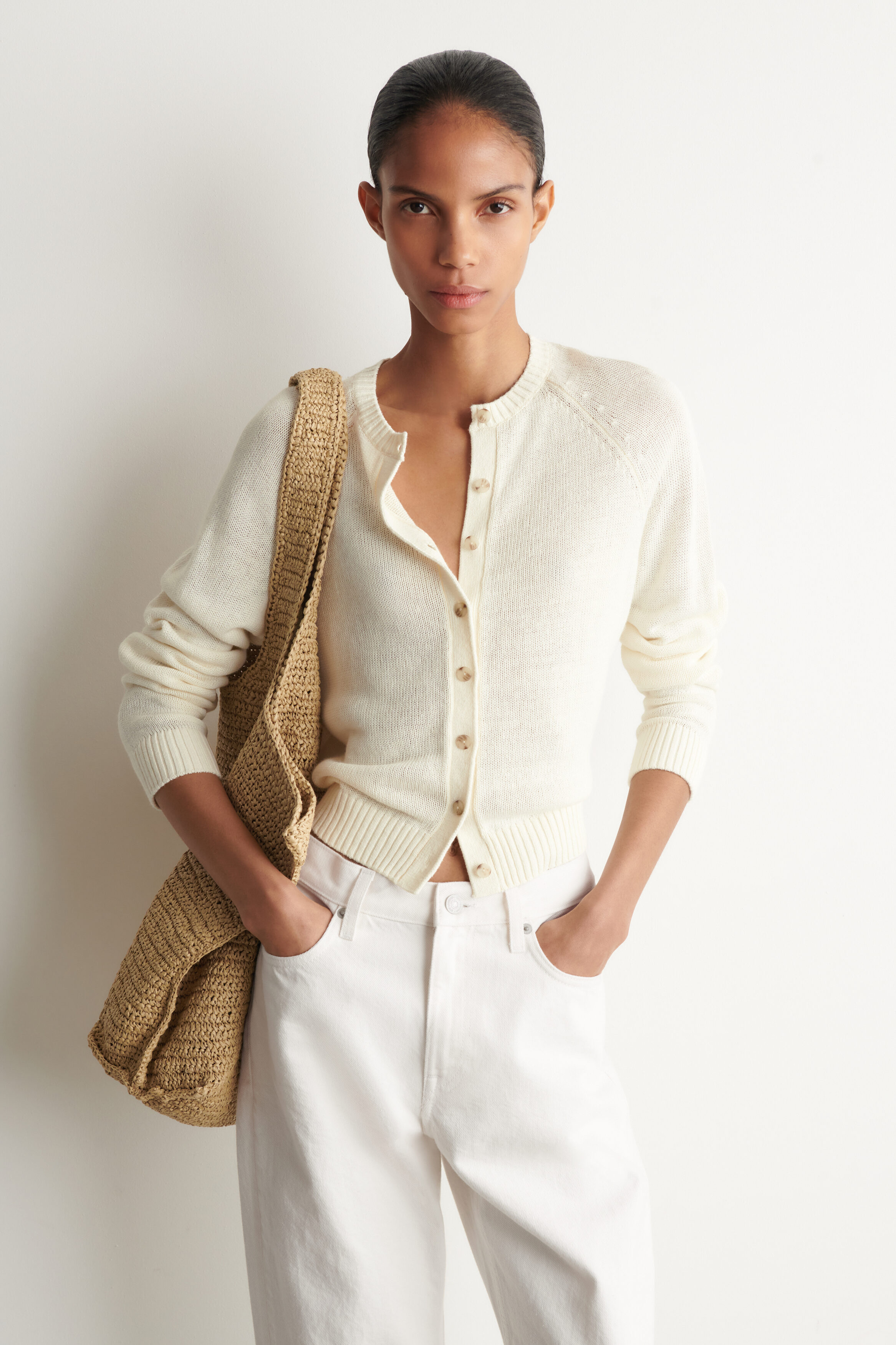 KNITTED LINEN CARDIGAN - ECRU | COS CA