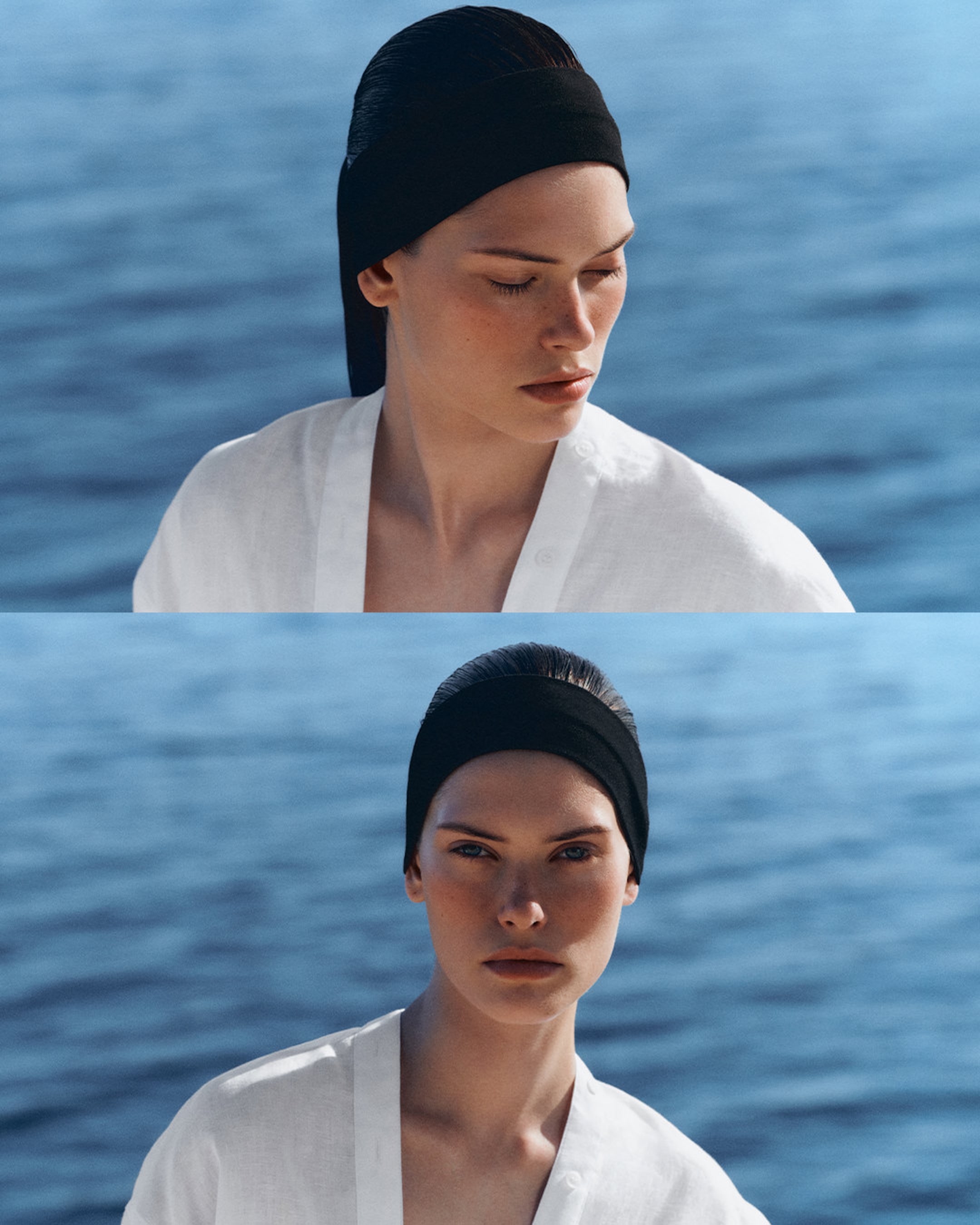 Woman in a white shirt and black headband by the sea, with eyes closed in the top image and open in the bottom.