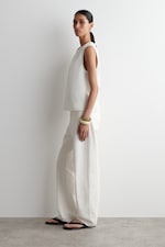 Placeholder for: Woman in white sleeveless top and wide-leg pants, wearing black sandals and bracelets, standing sideways against a plain white background.