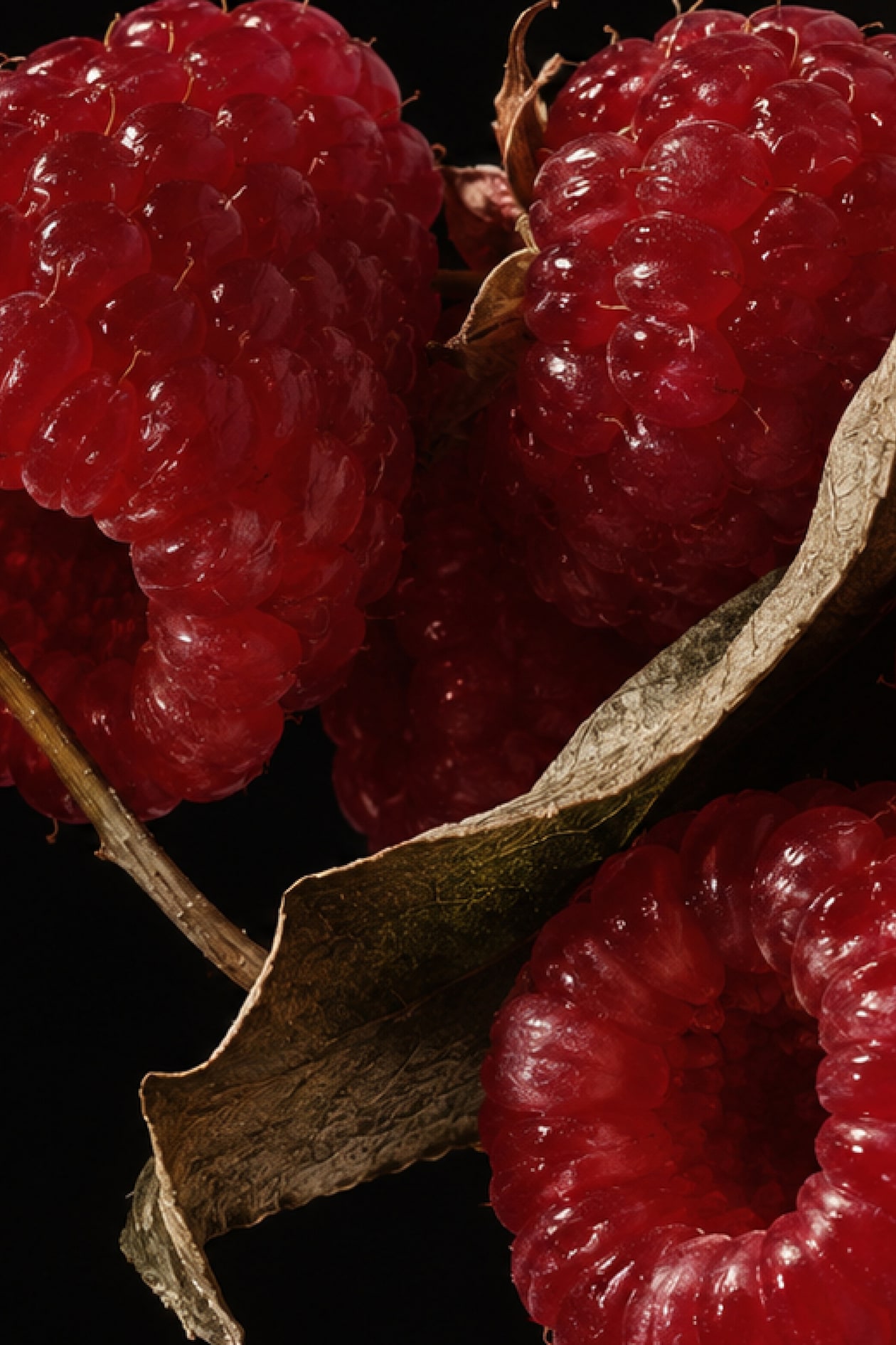 Close-up of vibrant red raspberries with a textured dry leaf, set against a dark background.