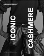 Placeholder for: Person in a black sweater with leather pants tied at the waist, with text "ICONIC CASHMERE." Elegant fashion advertisement.