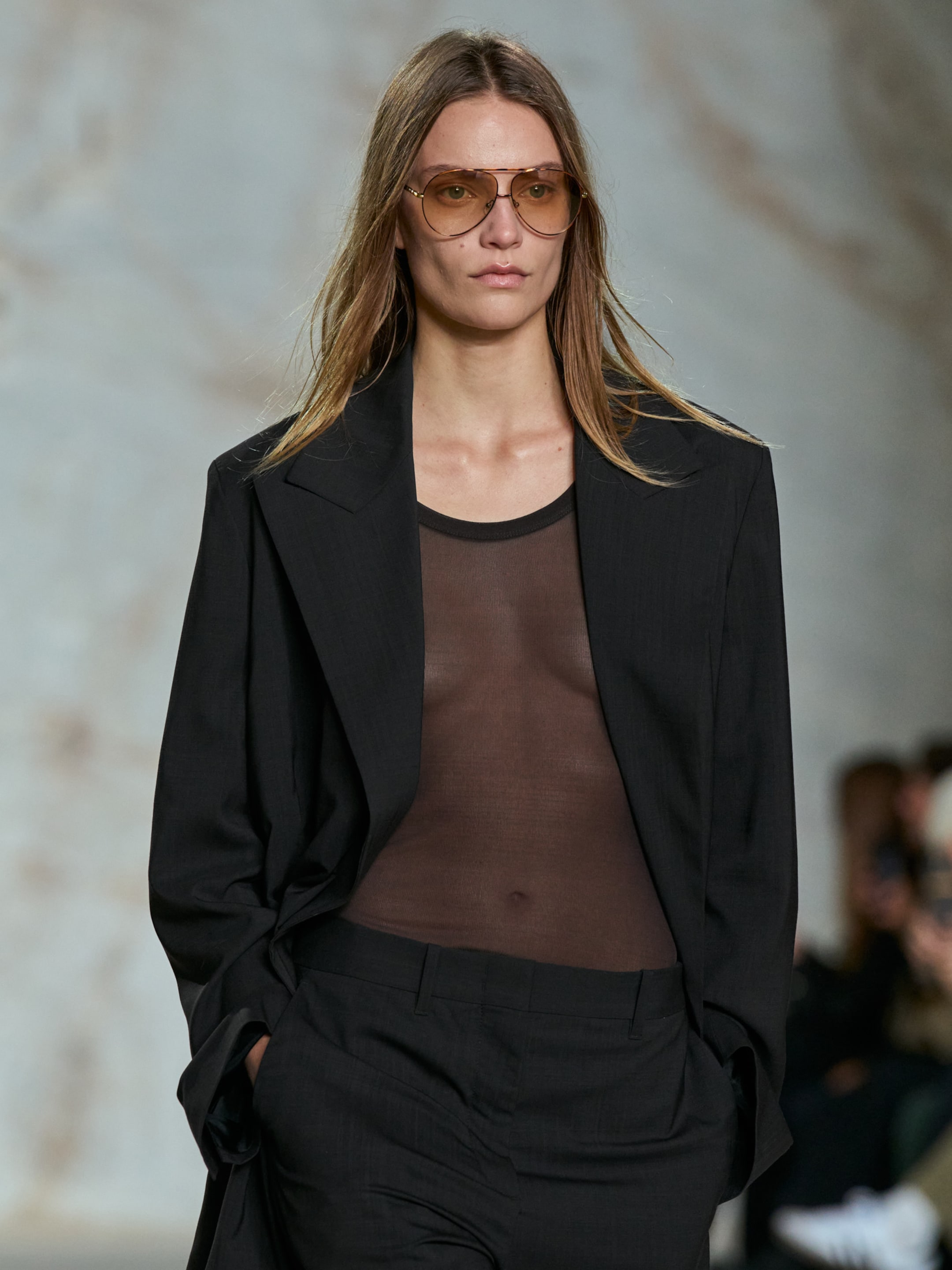 woman in sheer top and blazer