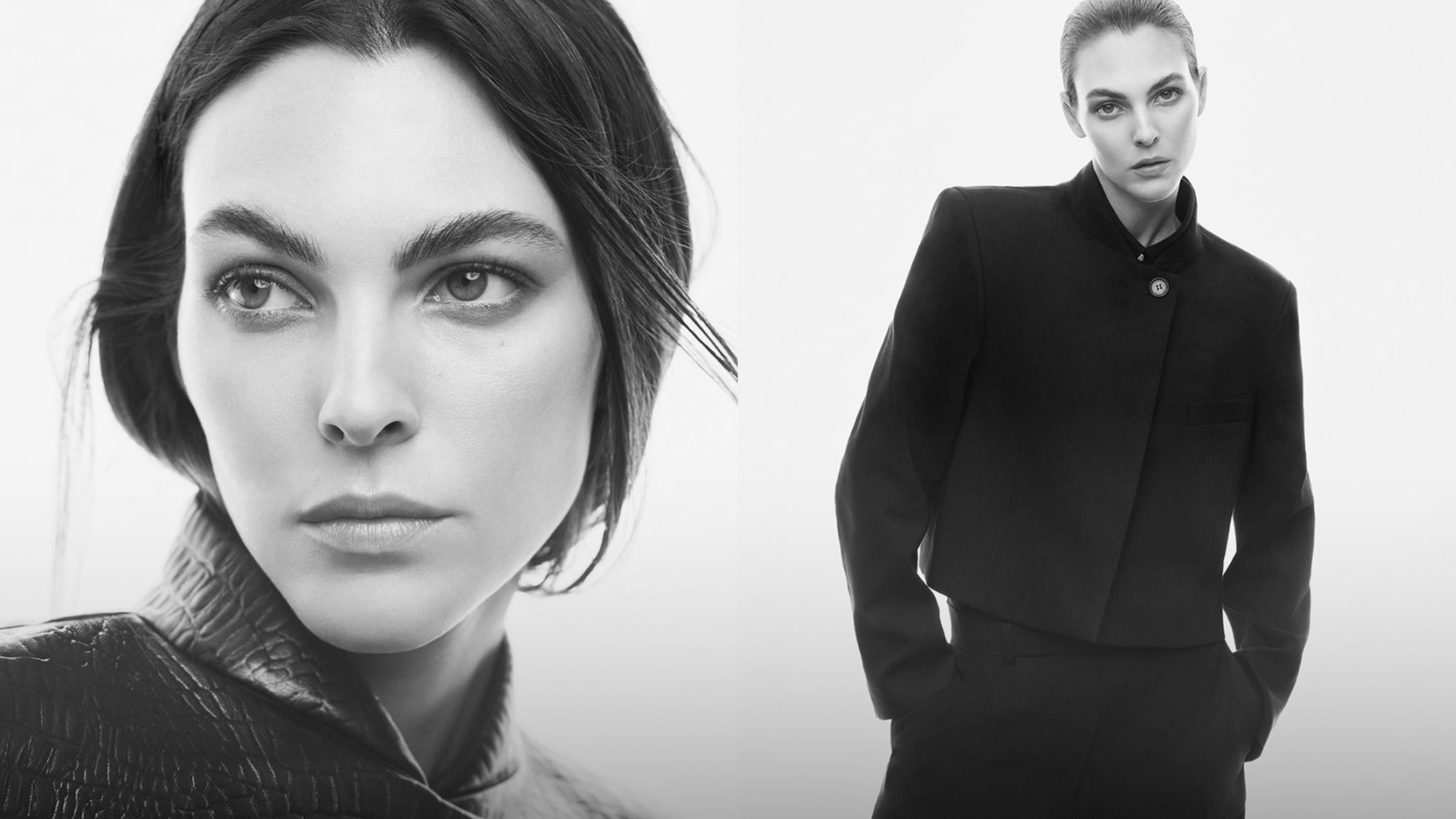 A black-and-white image of a person in a textured coat, with a focused expression, and another wearing a tailored, buttoned-up jacket.