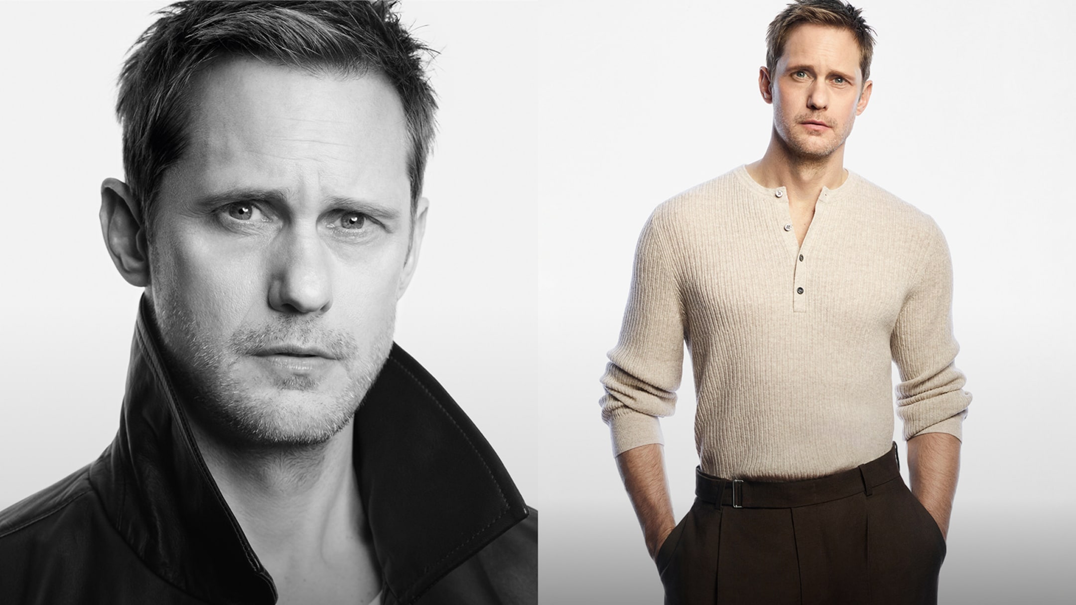 Portrait of a man with short hair. One side shows him in a black jacket, and the other in a beige sweater and dark pants.