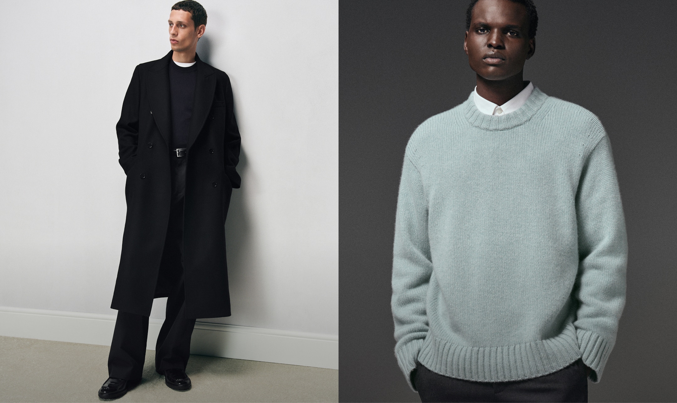 Two men modeling fashion; one wears a black coat, the other a light blue sweater. Neutral backgrounds enhance the outfits.