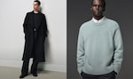 Placeholder for: Two men modeling fashion; one wears a black coat, the other a light blue sweater. Neutral backgrounds enhance the outfits.