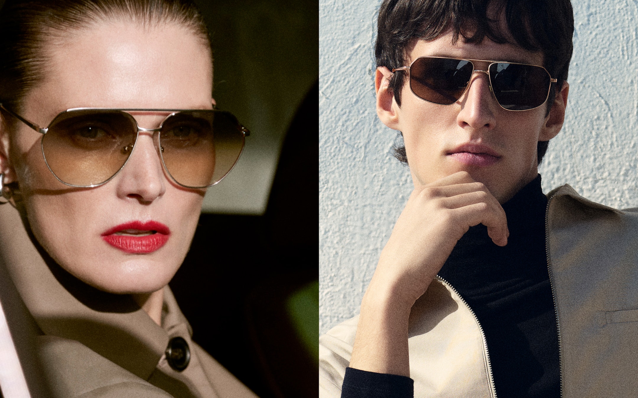 A woman and a man wearing stylish sunglasses. The woman has red lipstick and a beige coat, while the man wears a black turtleneck and light jacket.