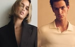 Placeholder for: Split portrait: left—blonde woman in oversized black blazer, tousled hair; right—young man in cream polo against warm background.