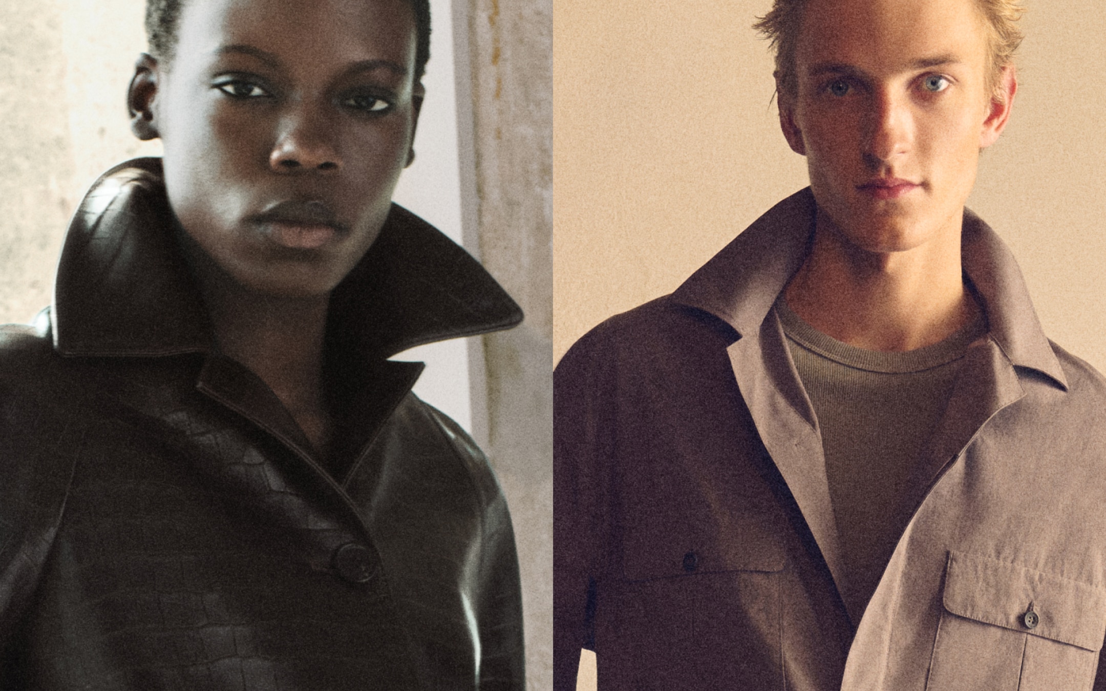 Close-up split image: left Black woman in dark leather coat with popped collar; right white man in light shirt-jacket with open collar.