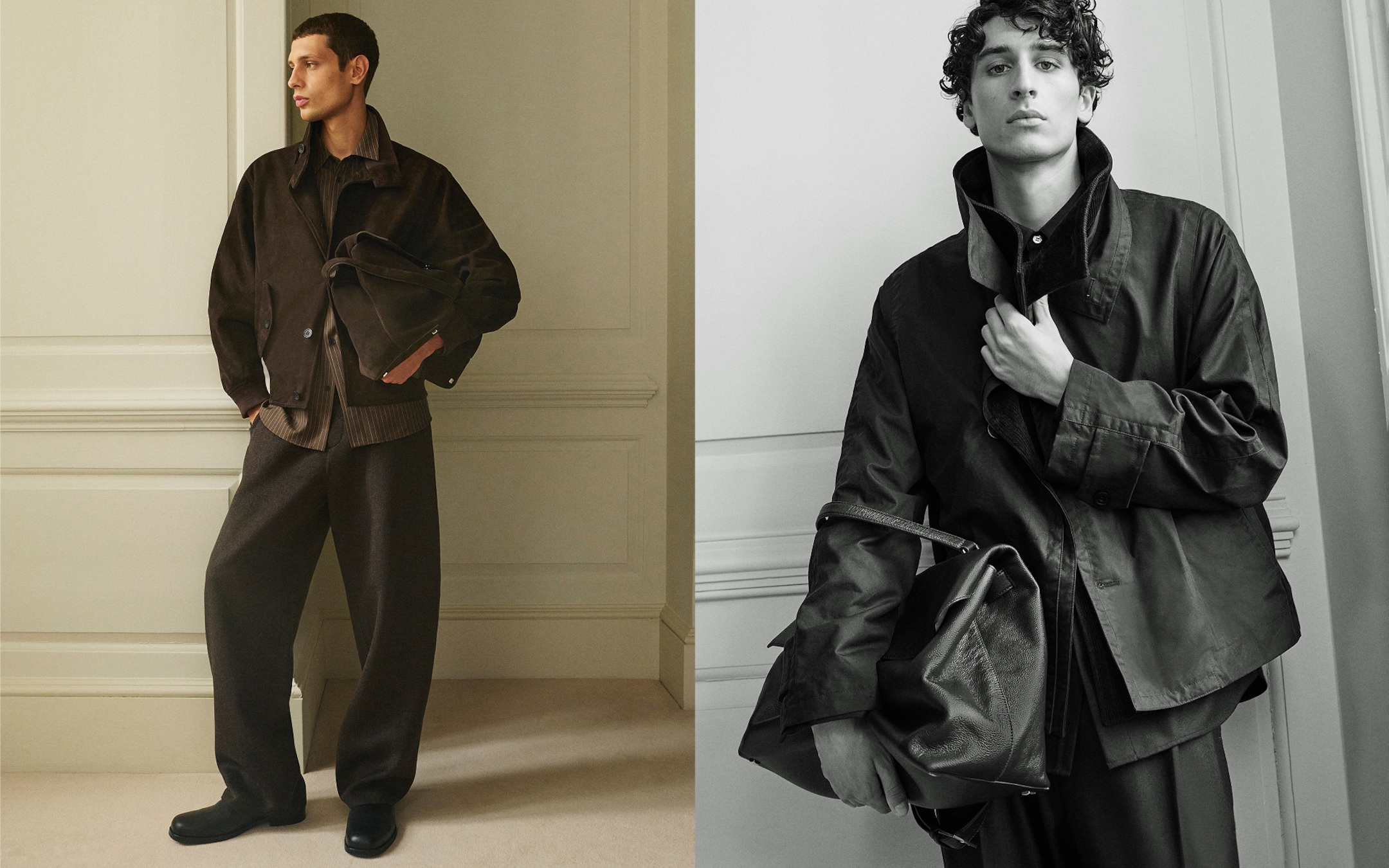 Two men in stylish outfits pose indoors, one in color and the other in black and white, each holding a large leather bag.