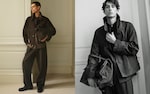 Placeholder for: Two men in stylish outfits pose indoors, one in color and the other in black and white, each holding a large leather bag.