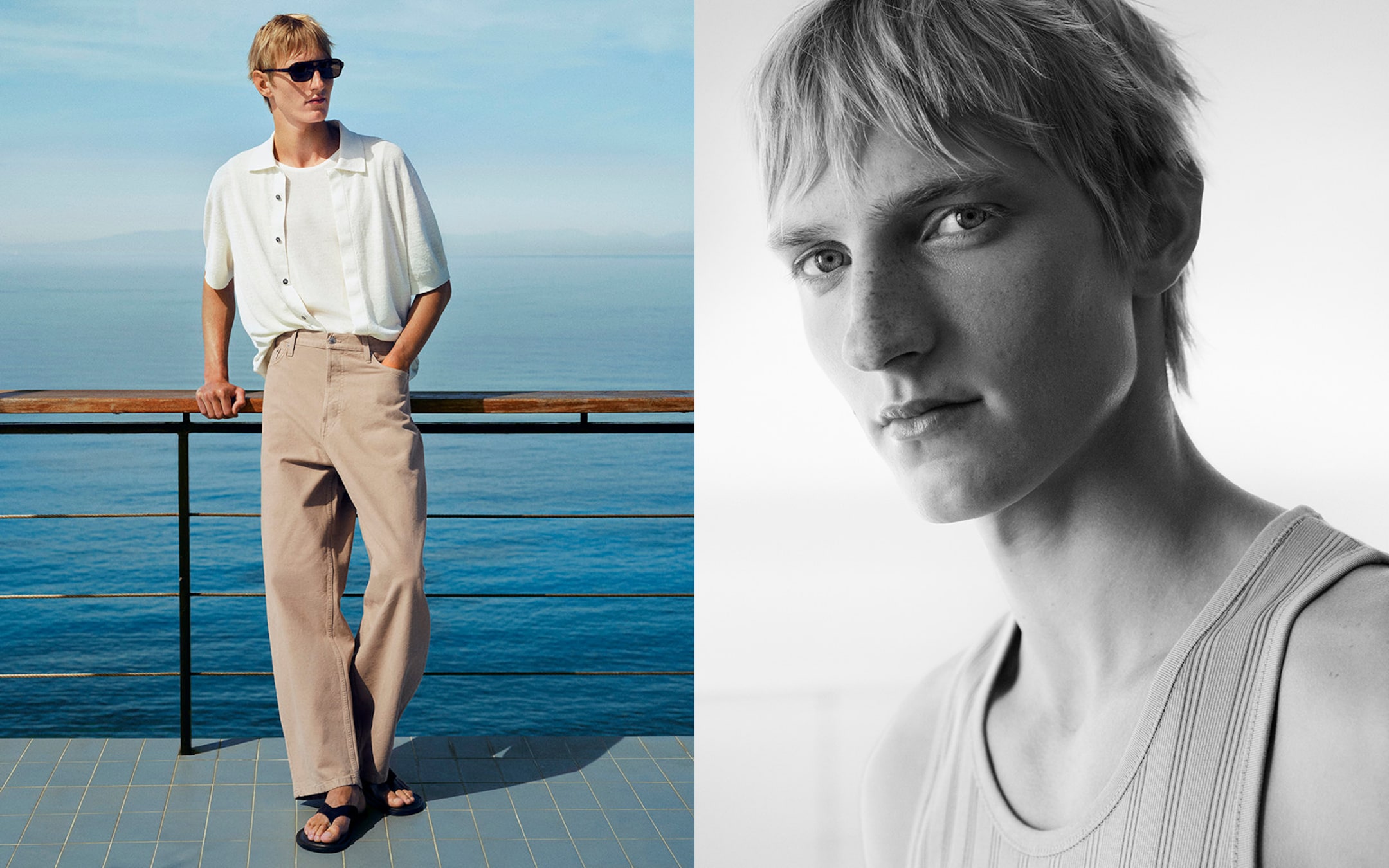 Split image: Left, man in white shirt and beige pants by the sea; right, close-up in black-and-white, wearing a tank top.