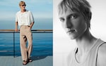 Placeholder for: Split image: Left, man in white shirt and beige pants by the sea; right, close-up in black-and-white, wearing a tank top.