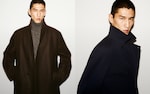 Placeholder for: Man in a dark coat with a high collar on the left, and in a navy coat with a turned-up collar on the right, against a plain background.