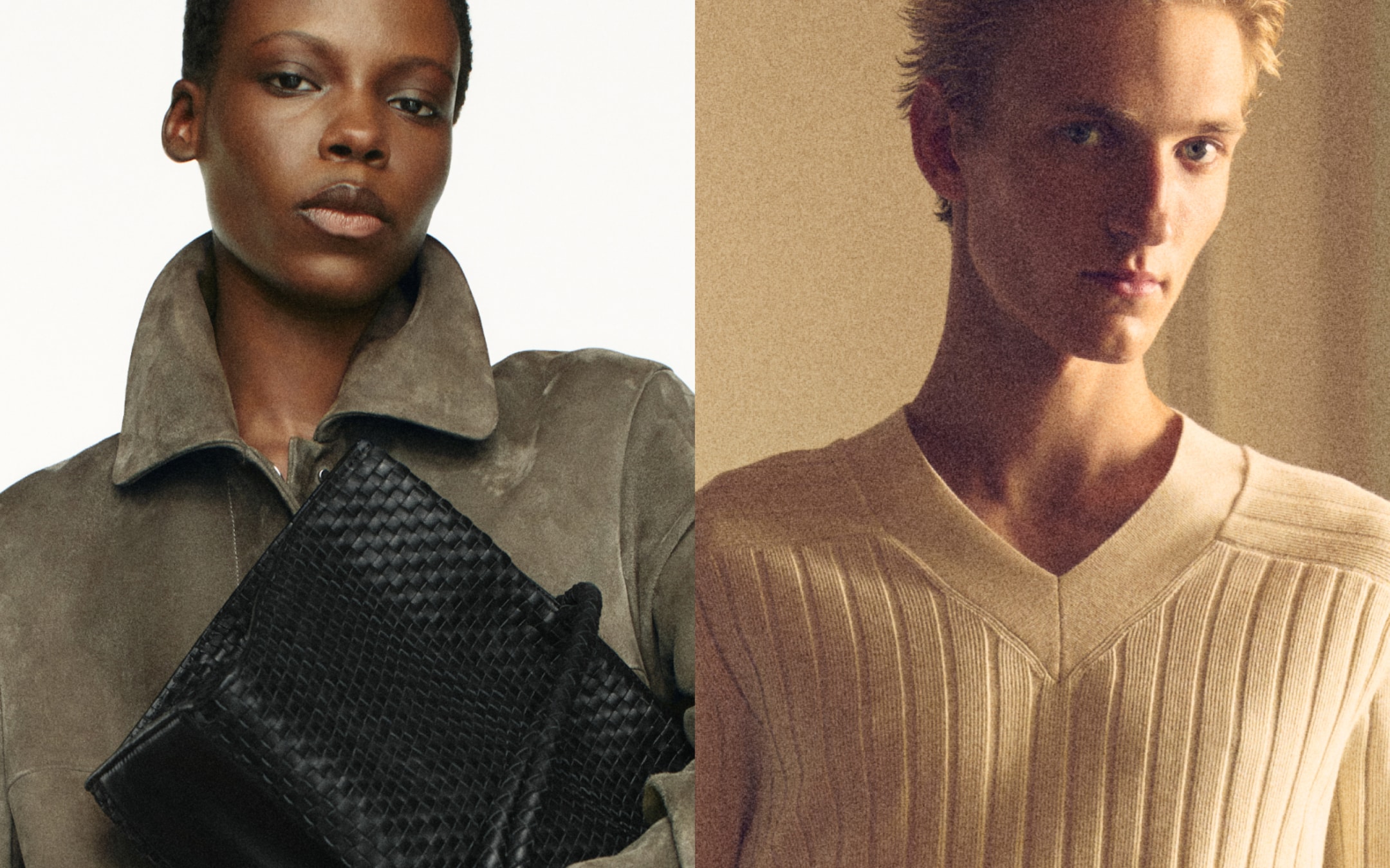 Split image: left, woman in suede coat holds woven black clutch; right, man in cream ribbed V‑neck sweater bathed in warm light.