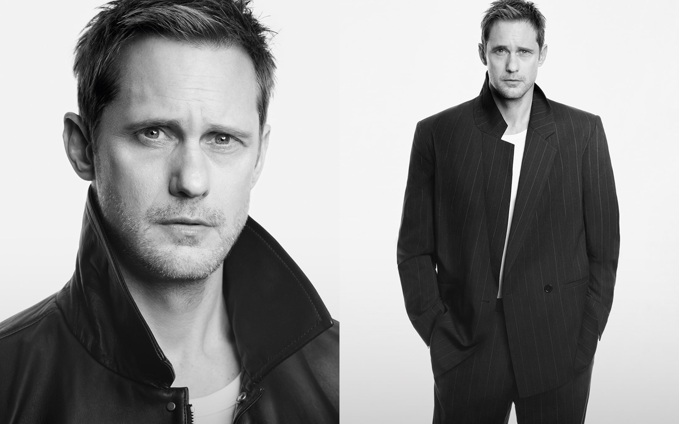 Black and white portraits of a man in a jacket, left with a close-up and right standing with hands in pockets, looking serious.