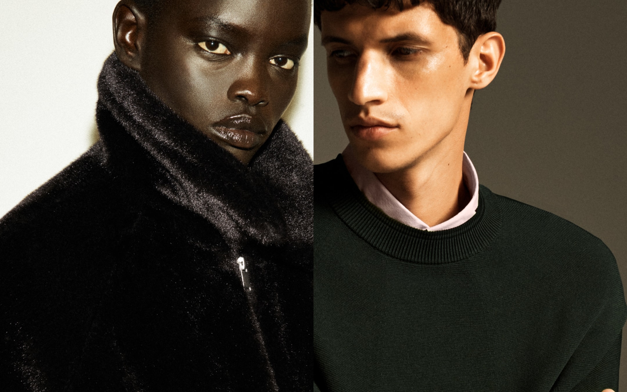 A close-up of two people in fashionable attire. One is wearing a dark fur coat, while the other is in a green sweater and shirt.