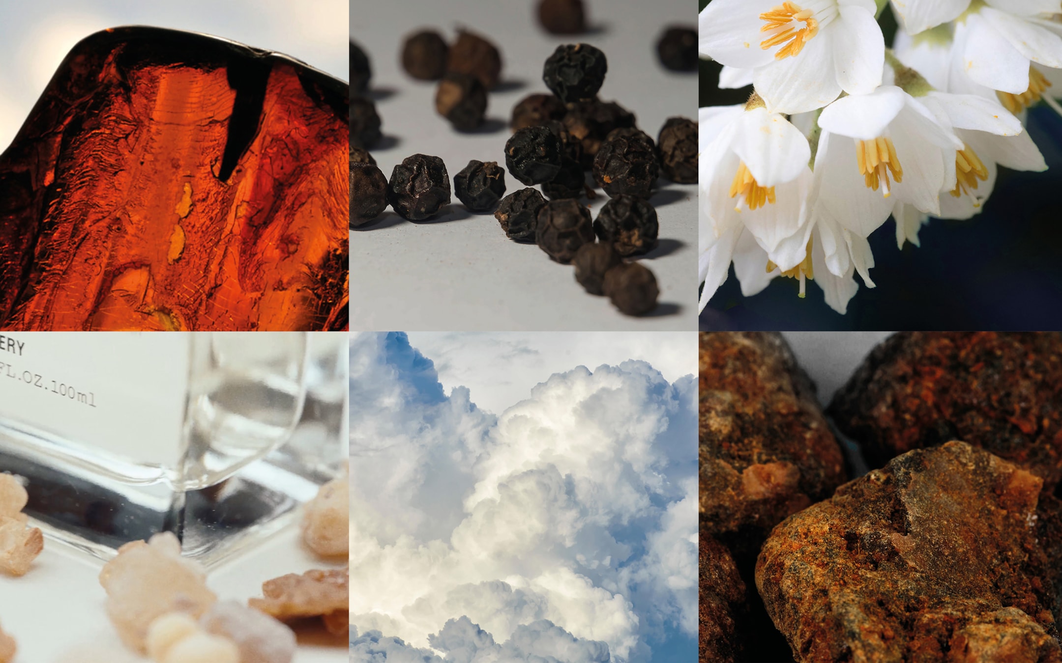 Collage of six images: amber, black pepper, white flowers, perfume bottle, clouds, and resin.