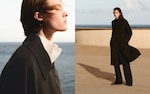 Placeholder for: Two images of a person by the sea: left shows a side profile in a coat, right shows full-length in a black coat on a sunny day.
