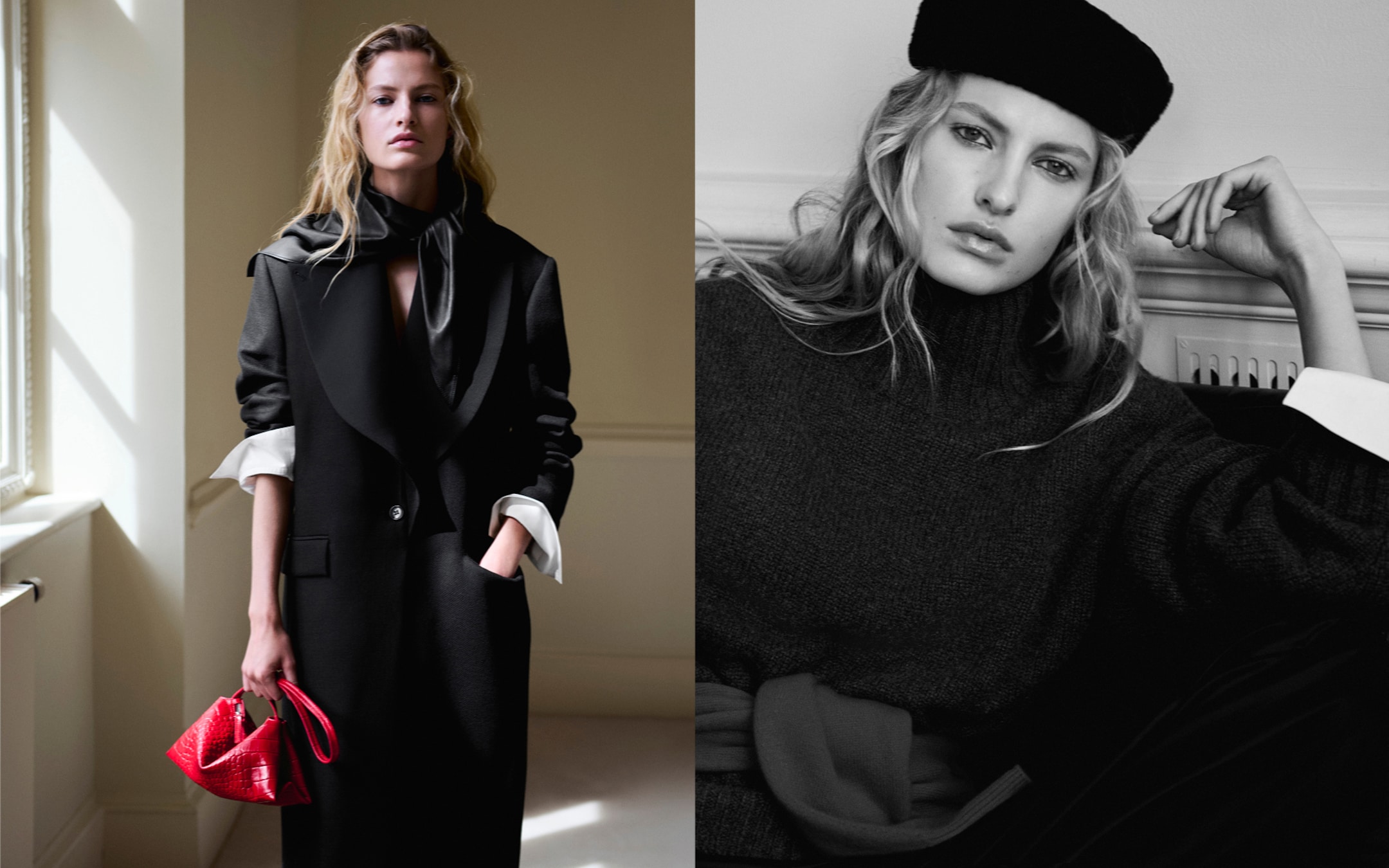 Two fashion portraits: the left shows a woman in a black coat with a red handbag, the right is a black-and-white image of her in a turtleneck and hat.