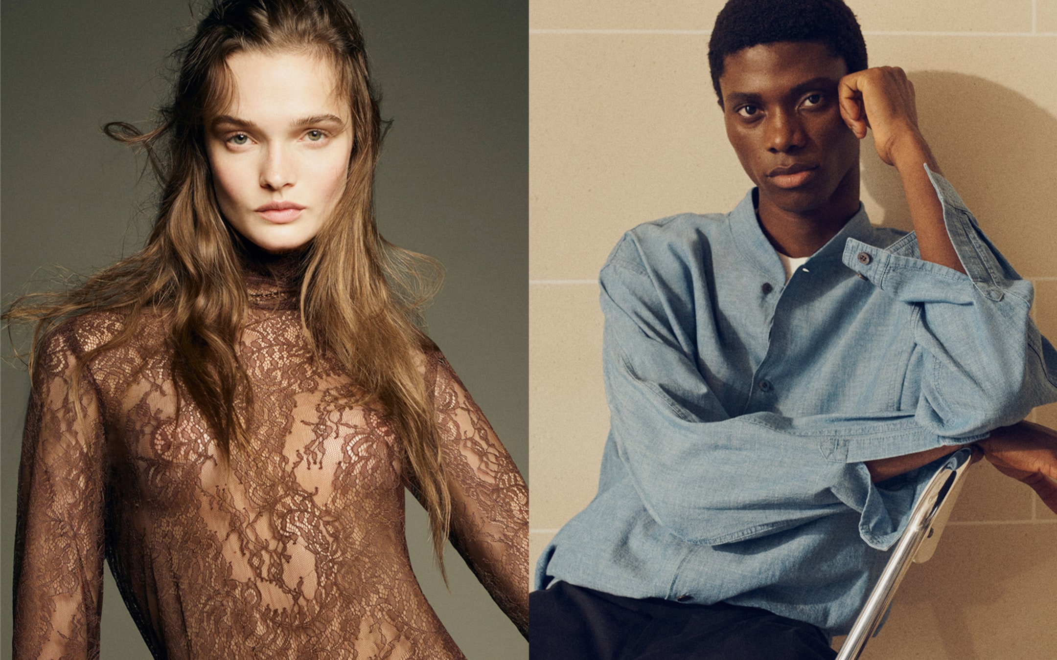 A woman in a brown lace top and a man in a light denim shirt sit against neutral backgrounds.