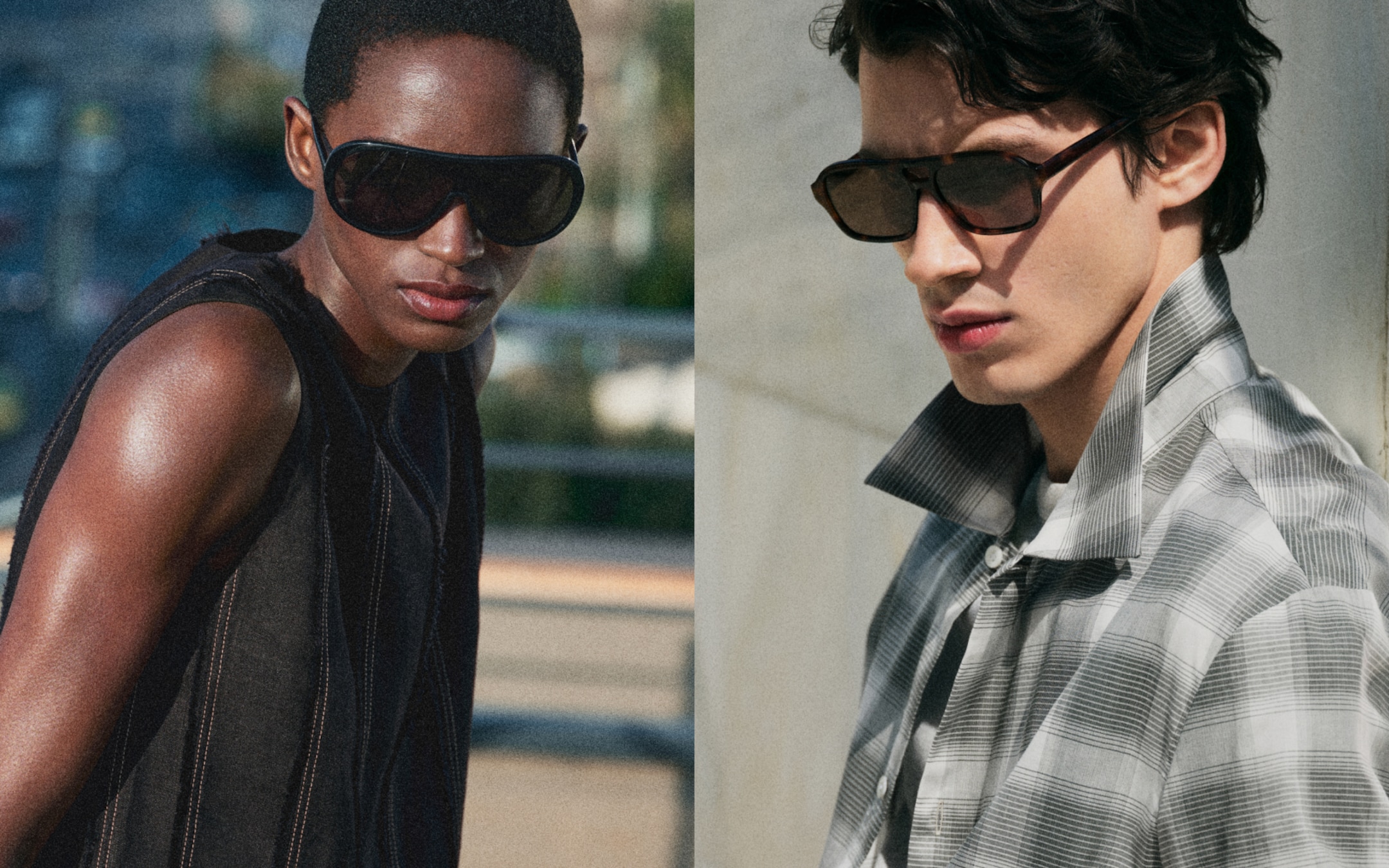 Two individuals wearing stylish sunglasses; one in a black sleeveless top, and the other in a striped shirt with a raised collar.