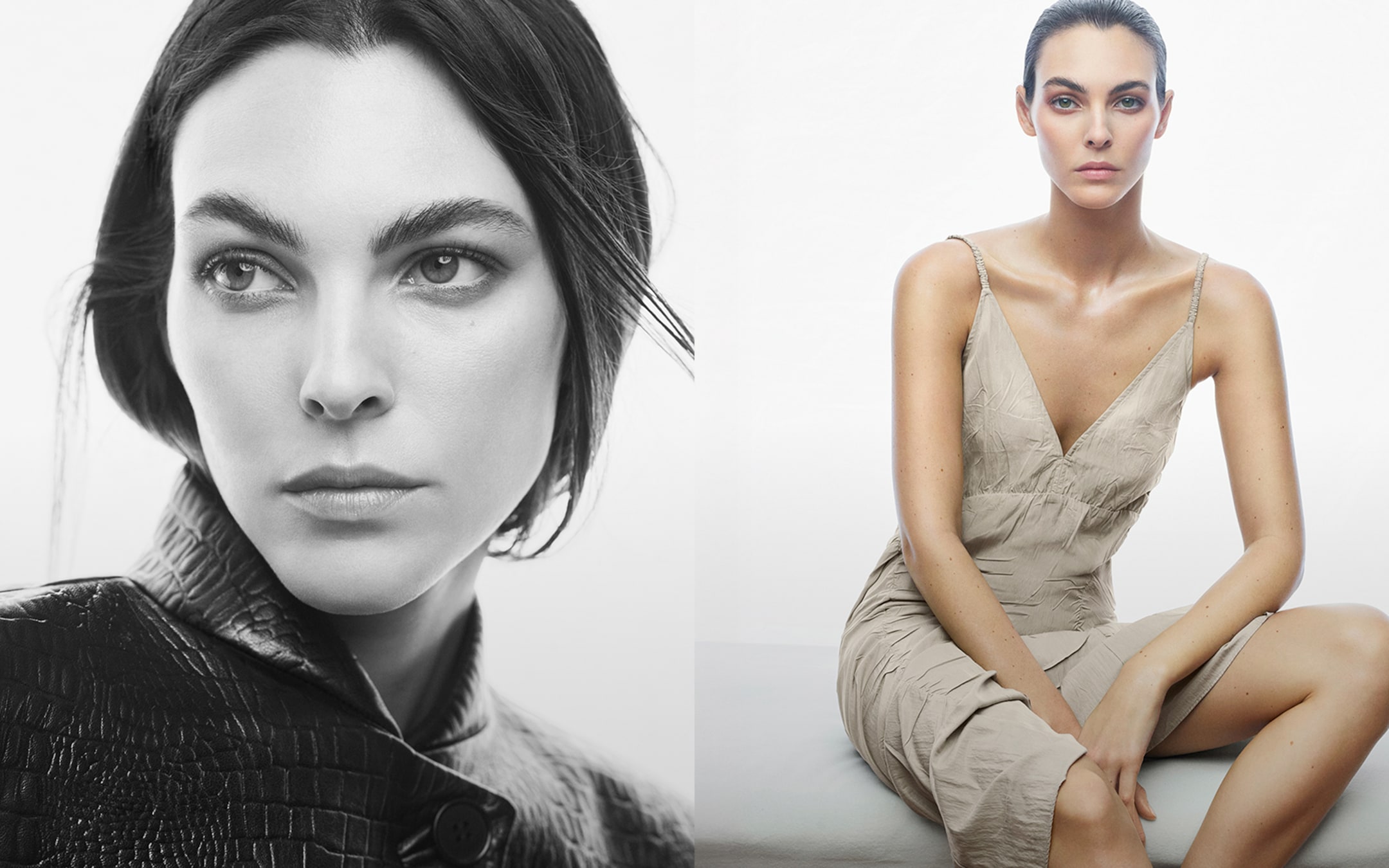 Black and white close-up of a woman in a textured coat; color image of her seated in a beige dress against a soft background.