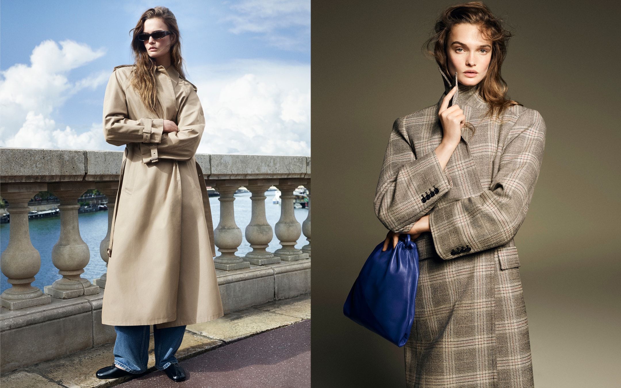 Two fashion images: left, a woman in a tan trench coat and sunglasses by a waterfront; right, a woman in a plaid coat with a blue bag.
