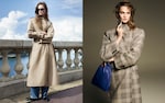Placeholder for: Two fashion images: left, a woman in a tan trench coat and sunglasses by a waterfront; right, a woman in a plaid coat with a blue bag.
