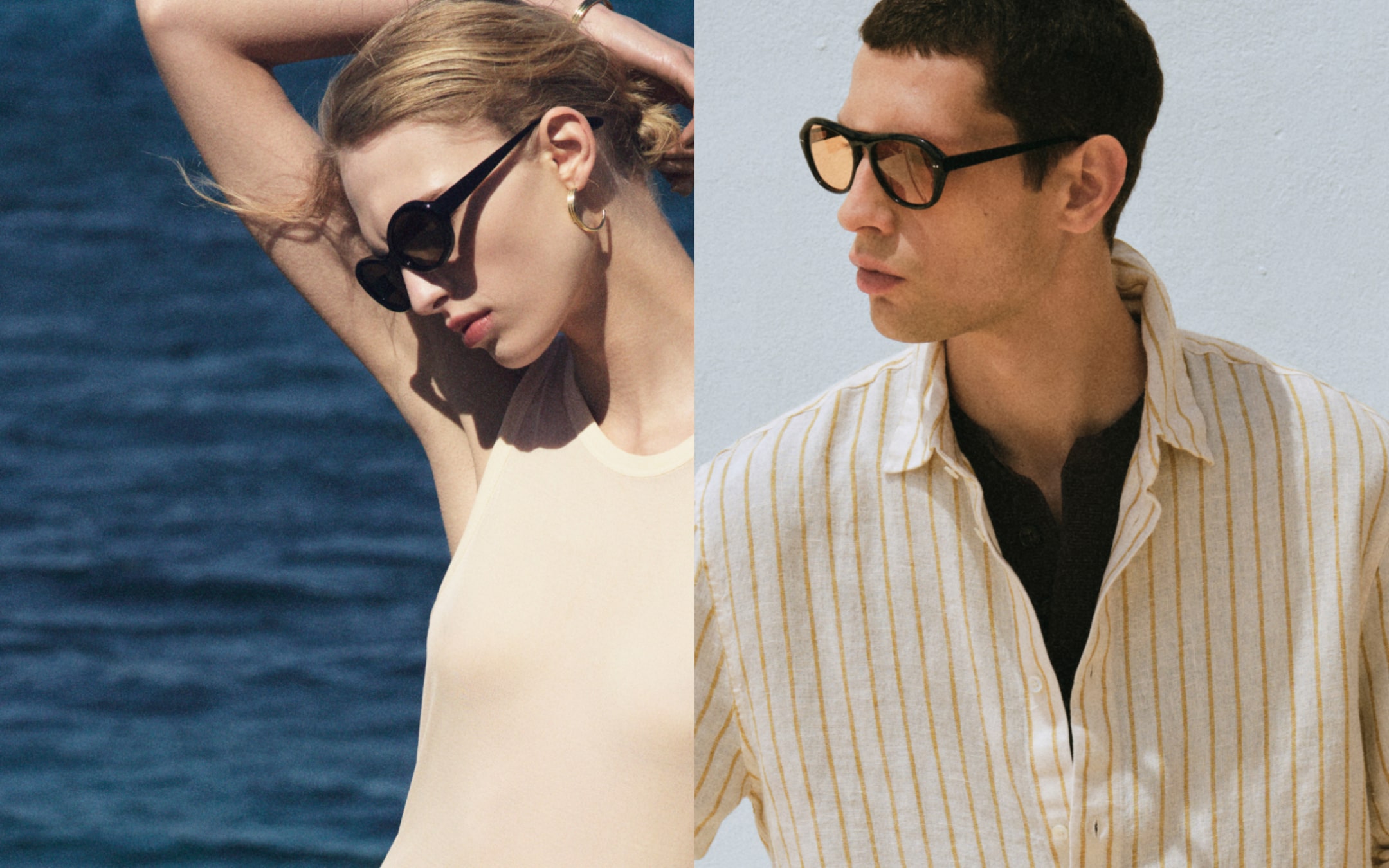 A woman with sunglasses poses by the sea, while a man with sunglasses and a striped shirt stands against a wall.
