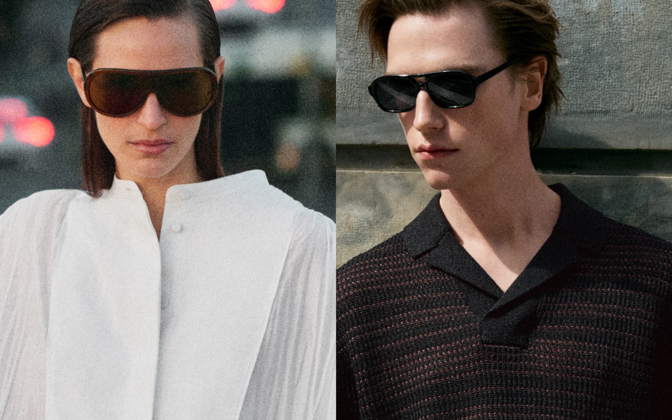 Two people wearing sunglasses, one in a white outfit and the other in a dark patterned top, pose against urban backgrounds.