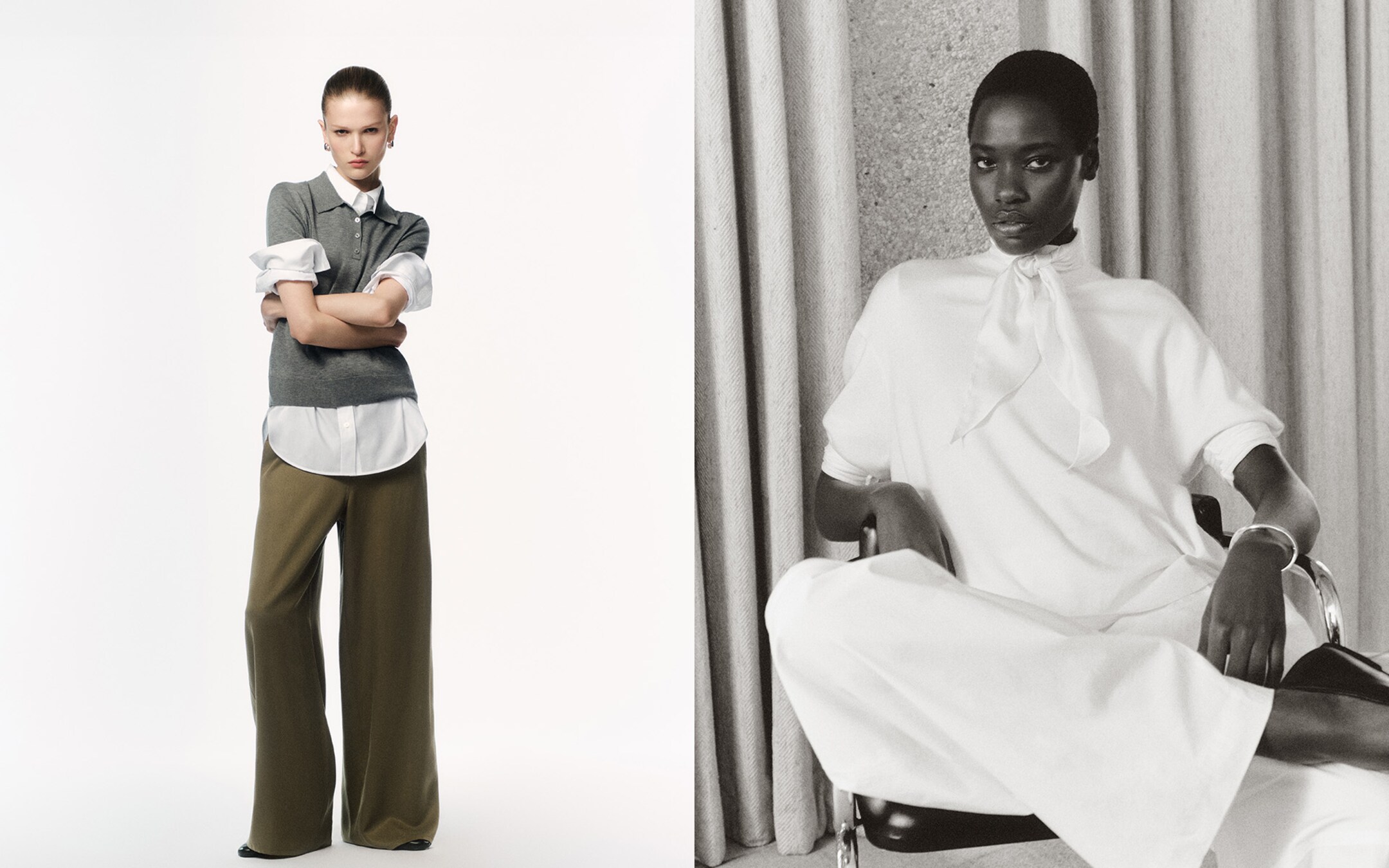 Two models: one in a gray vest and wide pants, arms crossed; the other seated in a white outfit, relaxed pose.
