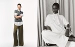 Placeholder for: Two models: one in a gray vest and wide pants, arms crossed; the other seated in a white outfit, relaxed pose.