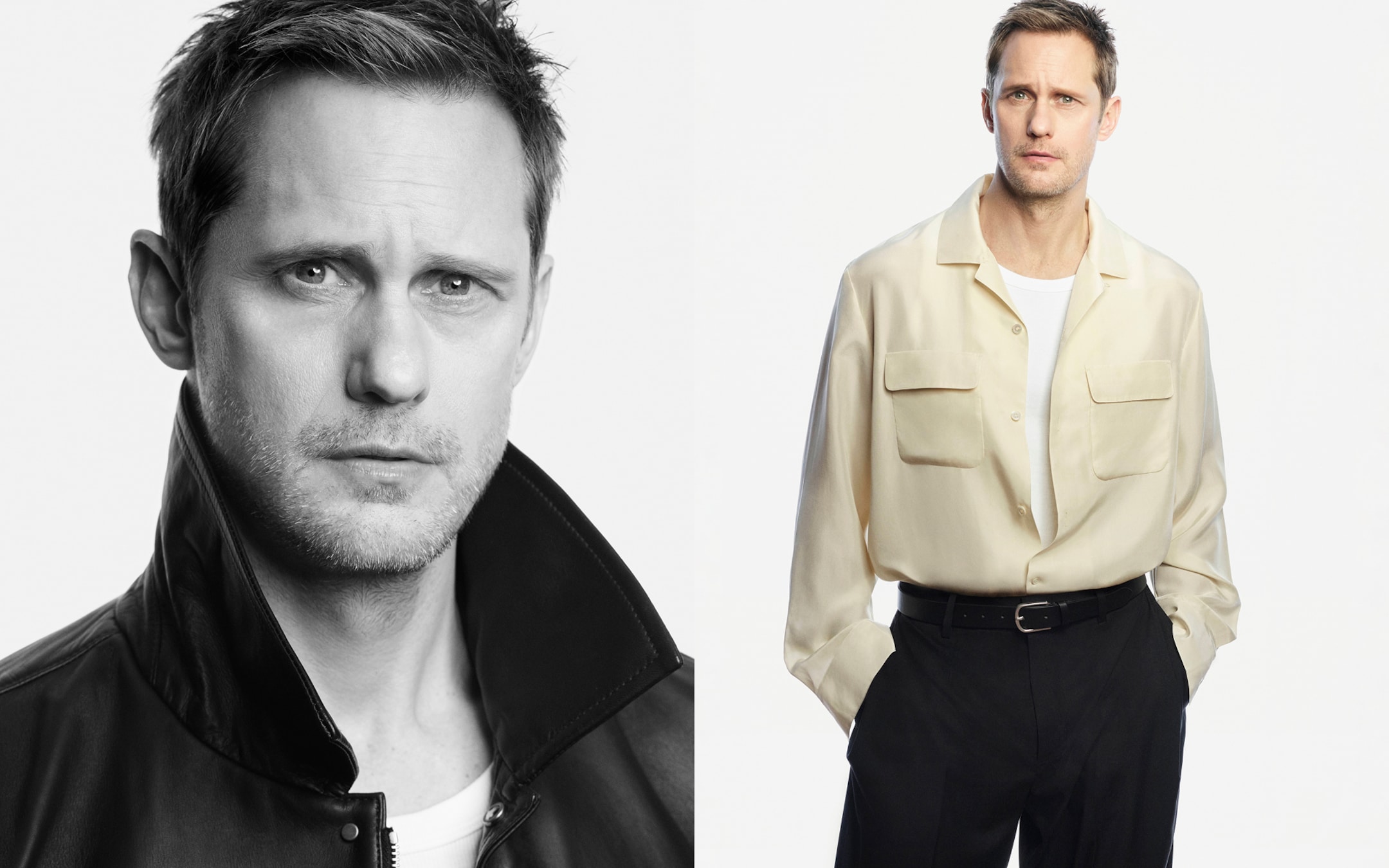 Left: Man with short hair in a black jacket looking intently. Right: Same man in a light shirt and dark trousers, standing with hands in pockets.