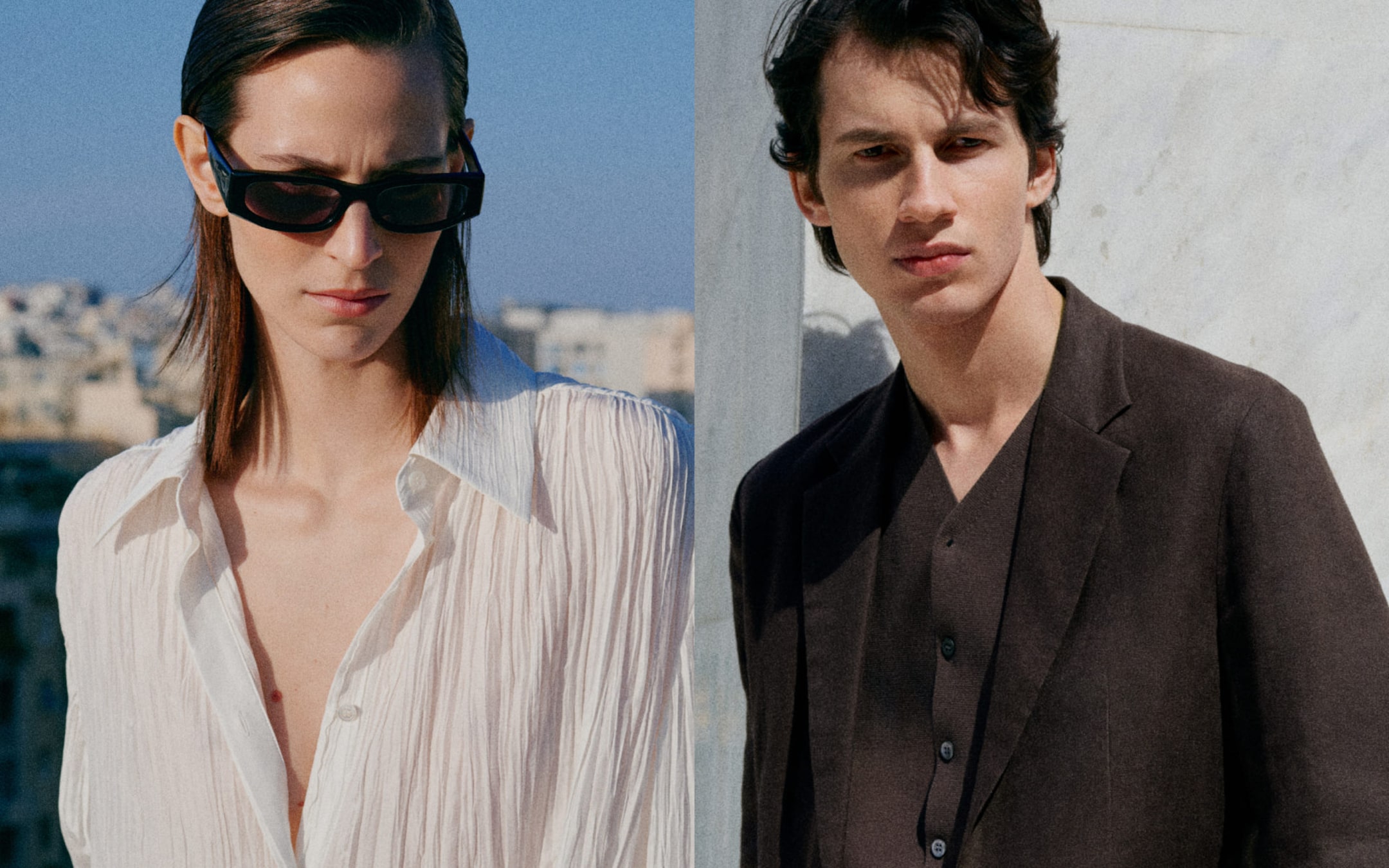 two models wearing COS womenswear and menswear