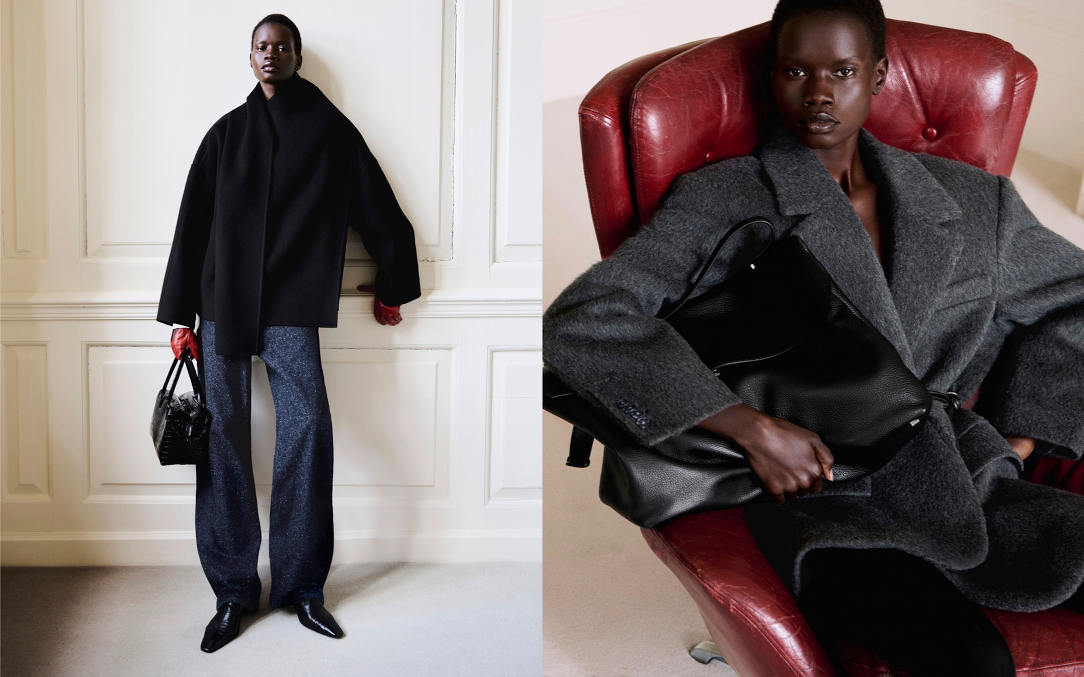 Two fashion portraits: one shows a person standing in a black coat with red gloves, the other seated in a gray coat holding a black bag.