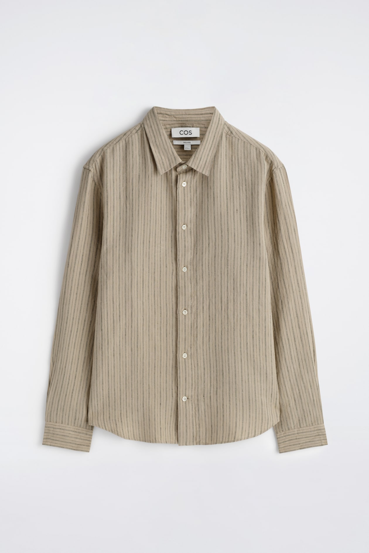 Beige long-sleeve, button-up shirt with subtle vertical stripes, displayed on a white background.