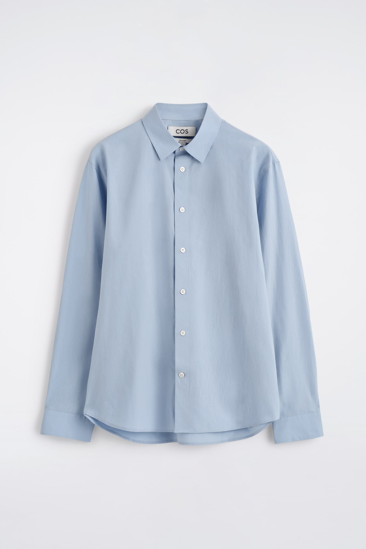 Light blue long-sleeve button-up shirt with a classic collar, displayed against a white background.