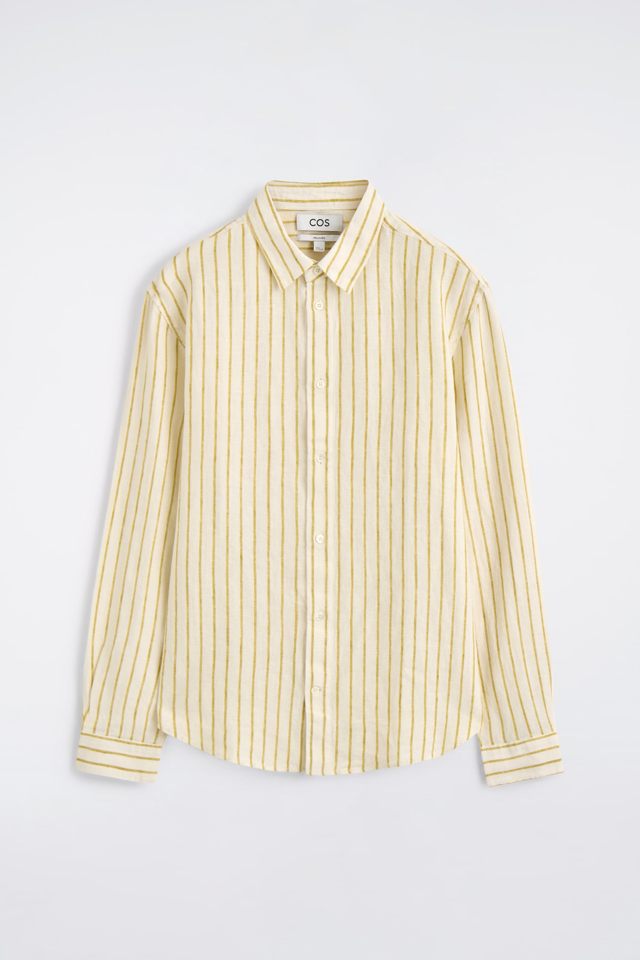 Long-sleeve, yellow-striped button-up shirt with a collar, displayed against a white background.