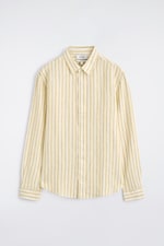 Placeholder for: Long-sleeve, yellow-striped button-up shirt with a collar, displayed against a white background.