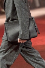 Placeholder for: Model wears grey coat, grey pants and holds black leather bag