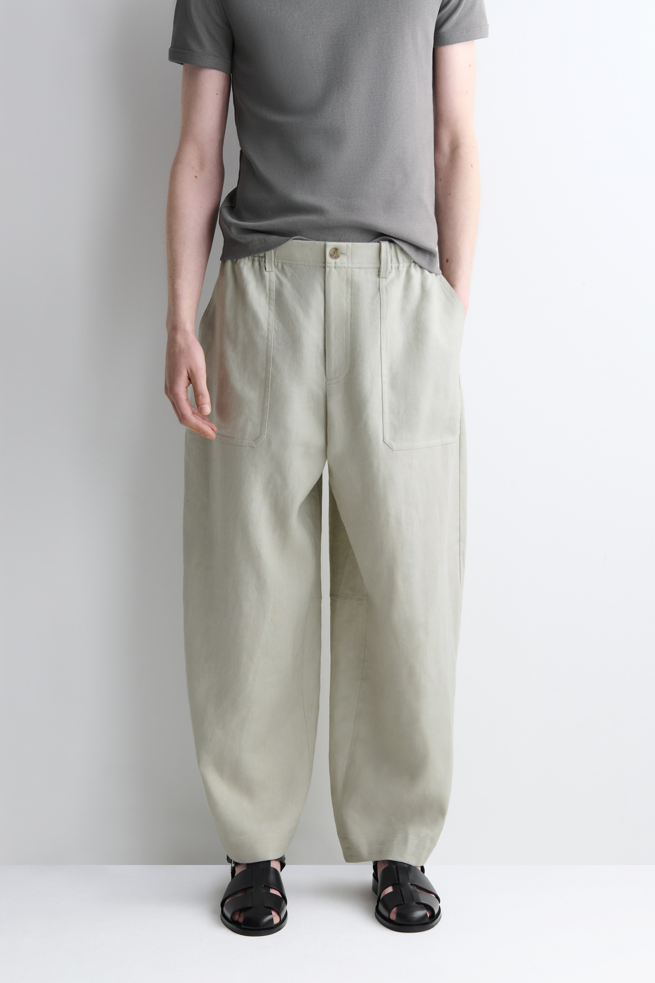 almond green linen relaxed trousers