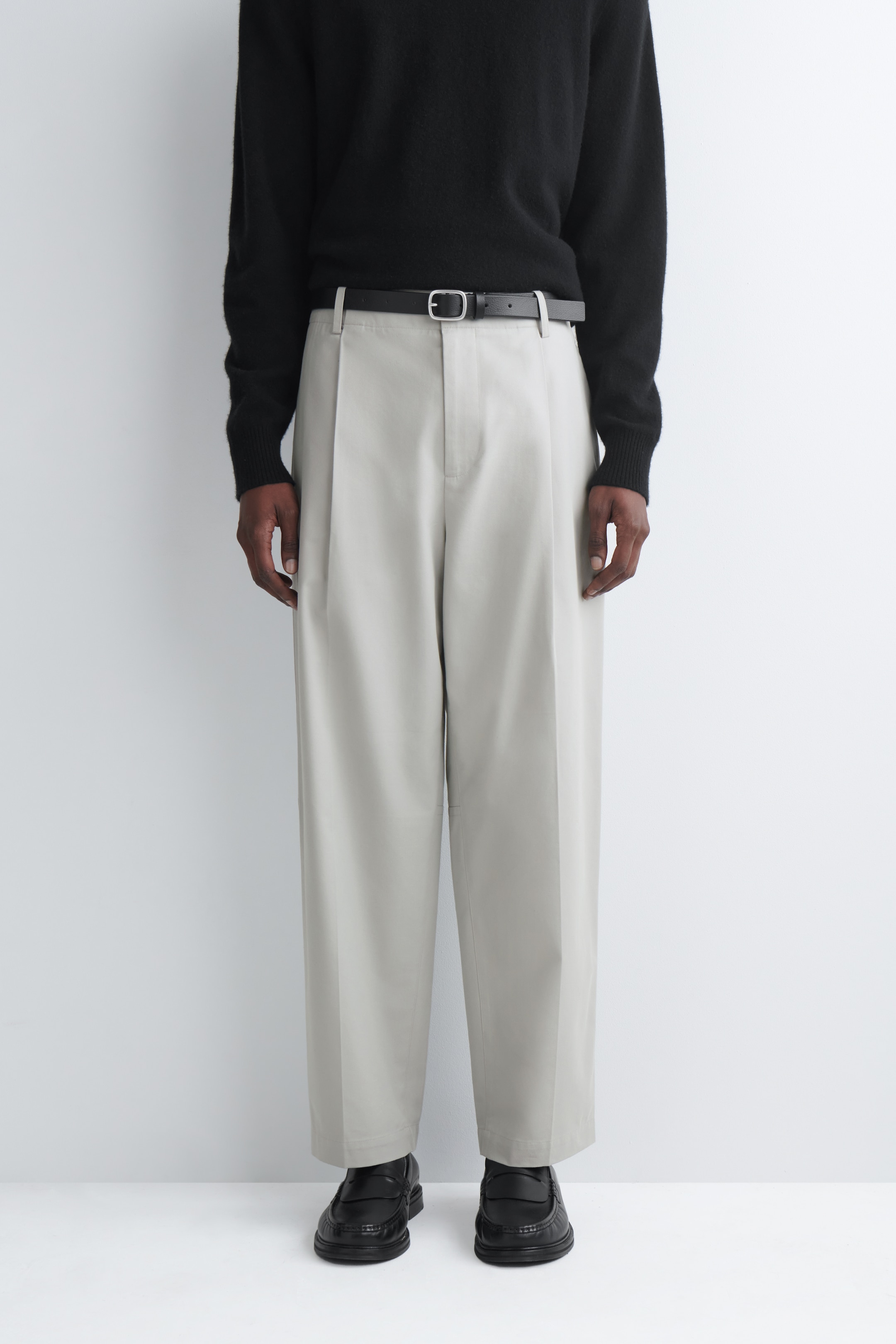 light grey straight leg trousers