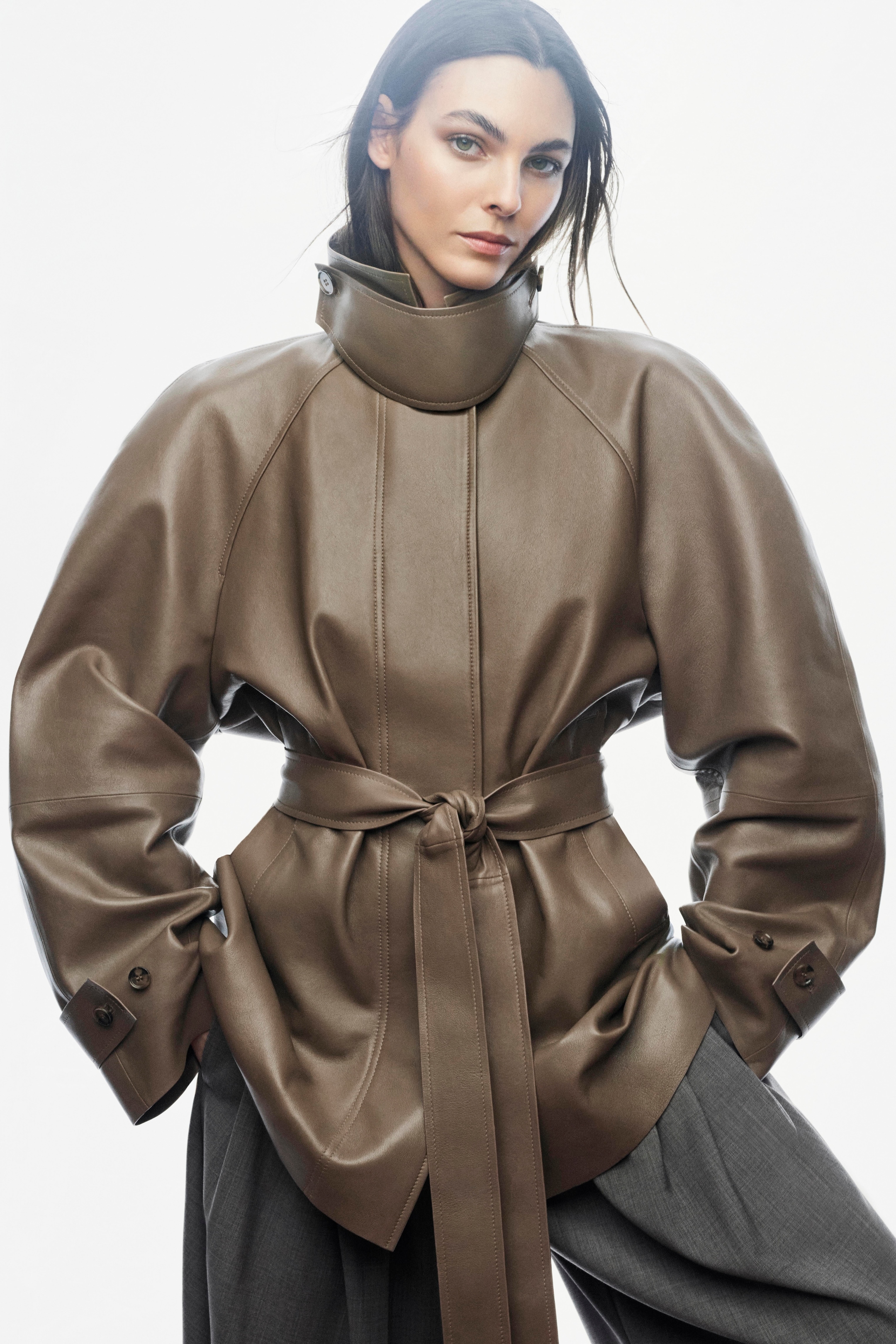 model wearing leather jacket