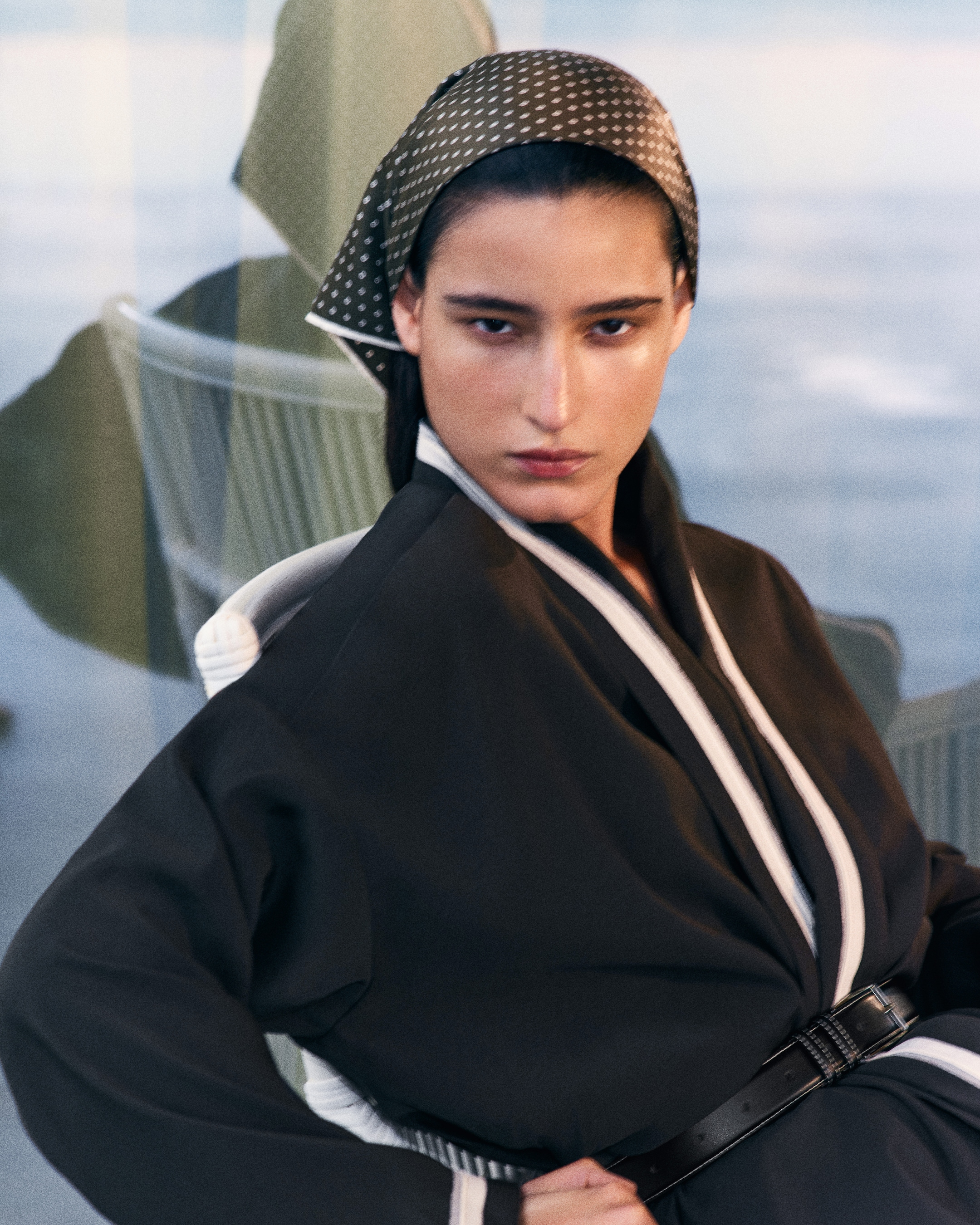 woman in silk set with headscarf