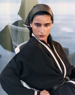 Placeholder for: woman in silk set with headscarf